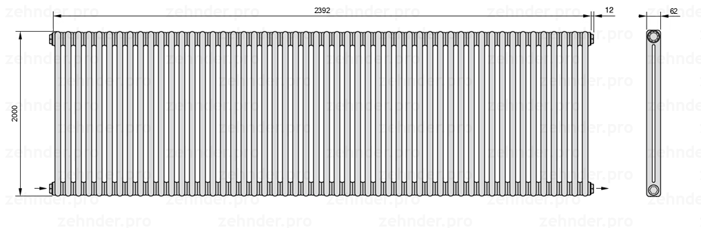 Схема (чертеж) Радиатор Zehnder Charleston 2200/52 №2670 Белый глянцевый RAL 9016